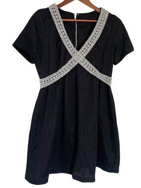 Vintage 60s A Line Mini Dress Large L Black w/ Silver Trim Mod Disco V Neck